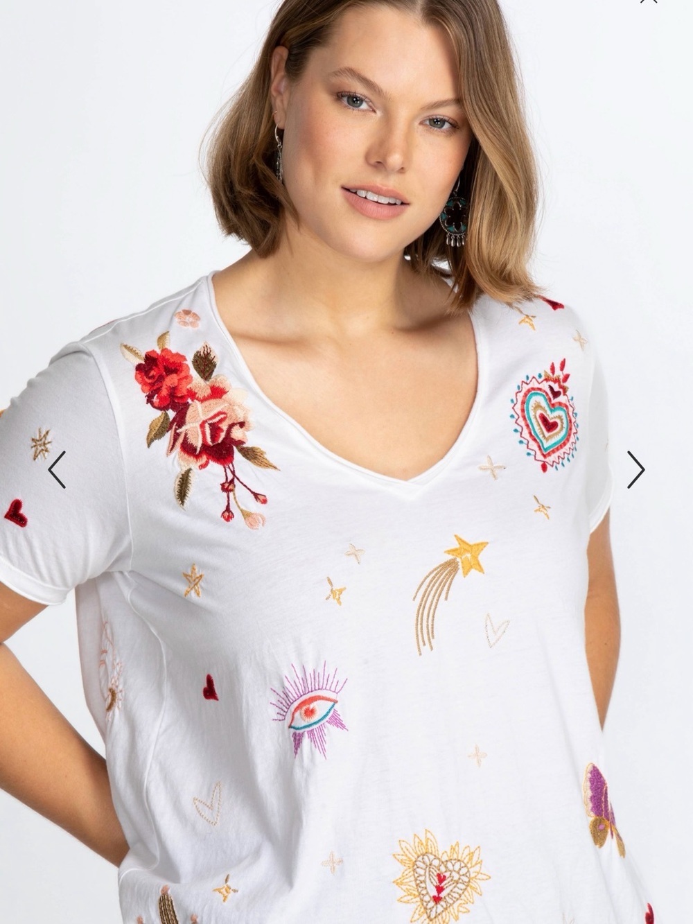 Johnny Was Monroe White V-Neck Tee with Embroidered Motifs - Picture 3 of 8